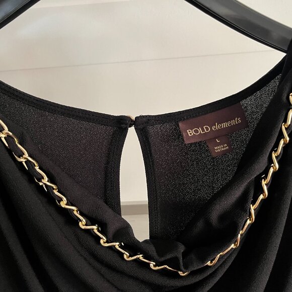BNWT BOLD ELEMENTS black jumpsuit gold chain neckline (L) POCKETS - Picture 3 of 8